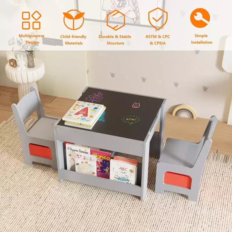 Set Tavolo e Sedie per Bambini GustoWave, Tavolo per Attività 3 in 1 con 2 Sedie, Scrivania da Disegno per Bambini, Tavolo per Lavoretti per Asilo Nido, Sala Giochi Domestica