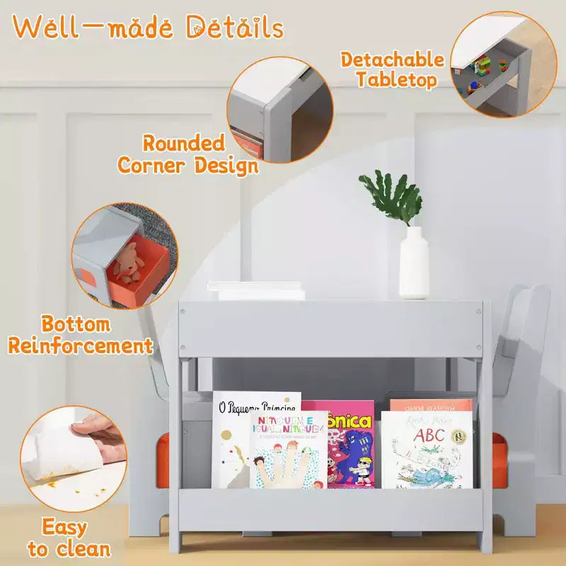 Set Tavolo e Sedie per Bambini GustoWave, Tavolo per Attività 3 in 1 con 2 Sedie, Scrivania da Disegno per Bambini, Tavolo per Lavoretti per Asilo Nido, Sala Giochi Domestica