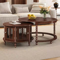 Vintage Round Nesting Coffee Table Set with Bamboo-Shaped Glass Doors & Retro Beaded Legs, Walnut - ModernLuxe