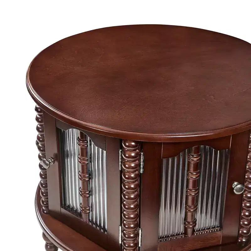 Vintage Round Nesting Coffee Table Set with Bamboo-Shaped Glass Doors & Retro Beaded Legs, Walnut - ModernLuxe