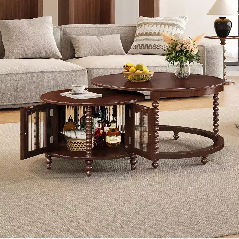 Vintage Round Nesting Coffee Table Set with Bamboo-Shaped Glass Doors & Retro Beaded Legs, Walnut - ModernLuxe