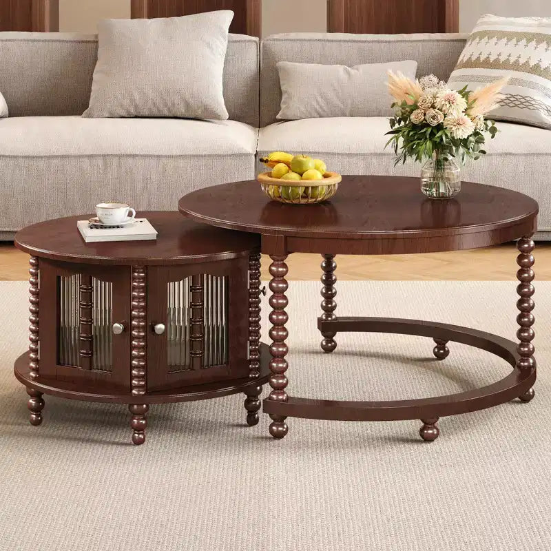 Vintage Round Nesting Coffee Table Set with Bamboo-Shaped Glass Doors & Retro Beaded Legs, Walnut - ModernLuxe