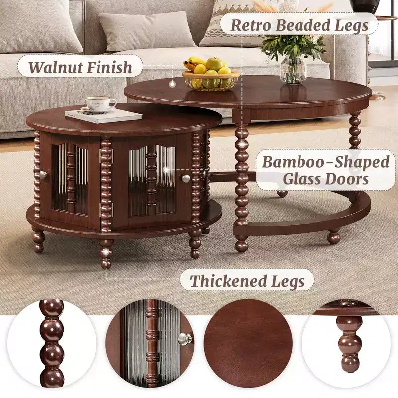 Vintage Round Nesting Coffee Table Set with Bamboo-Shaped Glass Doors & Retro Beaded Legs, Walnut - ModernLuxe