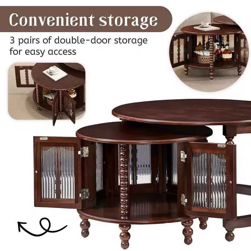 Vintage Round Nesting Coffee Table Set with Bamboo-Shaped Glass Doors & Retro Beaded Legs, Walnut - ModernLuxe