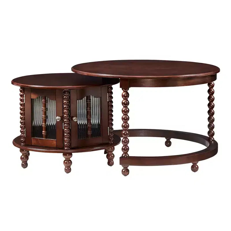 Vintage Round Nesting Coffee Table Set with Bamboo-Shaped Glass Doors & Retro Beaded Legs, Walnut - ModernLuxe
