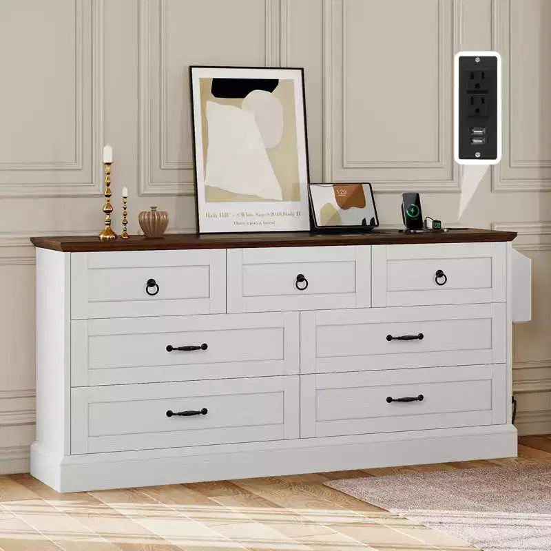 59inche Wide Farmhouse 7 Drawers Dresser Wood Rustic Drawers with Nice Texture Vintage Design Storage Dressers Organizer