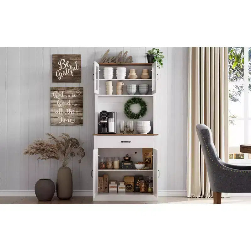 COZONY 70 Mobile Dispensa da Cucina Alto con Supporto per Microonde e Coffee Bar, Mobile Credenza Autoportante in Legno con 4 Ante e Ripiani Regolabili per Sala da Pranzo
