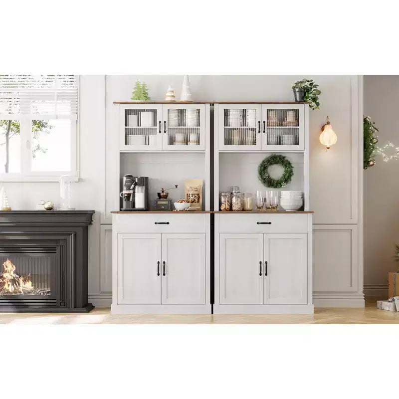 COZONY 70 Mobile Dispensa da Cucina Alto con Supporto per Microonde e Coffee Bar, Mobile Credenza Autoportante in Legno con 4 Ante e Ripiani Regolabili per Sala da Pranzo