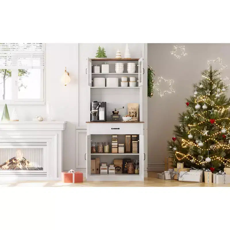 COZONY 70 Mobile Dispensa da Cucina Alto con Supporto per Microonde e Coffee Bar, Mobile Credenza Autoportante in Legno con 4 Ante e Ripiani Regolabili per Sala da Pranzo