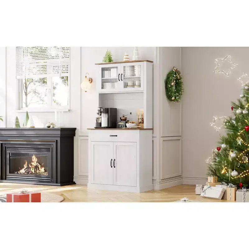 COZONY 70 Mobile Dispensa da Cucina Alto con Supporto per Microonde e Coffee Bar, Mobile Credenza Autoportante in Legno con 4 Ante e Ripiani Regolabili per Sala da Pranzo
