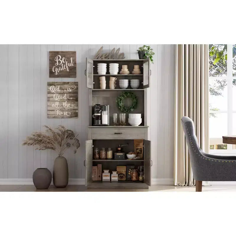 COZONY 70 Mobile Dispensa da Cucina Alto con Supporto per Microonde e Coffee Bar, Mobile Credenza Autoportante in Legno con 4 Ante e Ripiani Regolabili per Sala da Pranzo