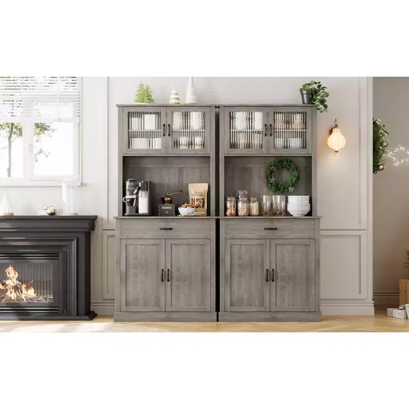 COZONY 70 Mobile Dispensa da Cucina Alto con Supporto per Microonde e Coffee Bar, Mobile Credenza Autoportante in Legno con 4 Ante e Ripiani Regolabili per Sala da Pranzo
