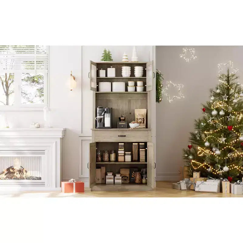 COZONY 70 Mobile Dispensa da Cucina Alto con Supporto per Microonde e Coffee Bar, Mobile Credenza Autoportante in Legno con 4 Ante e Ripiani Regolabili per Sala da Pranzo