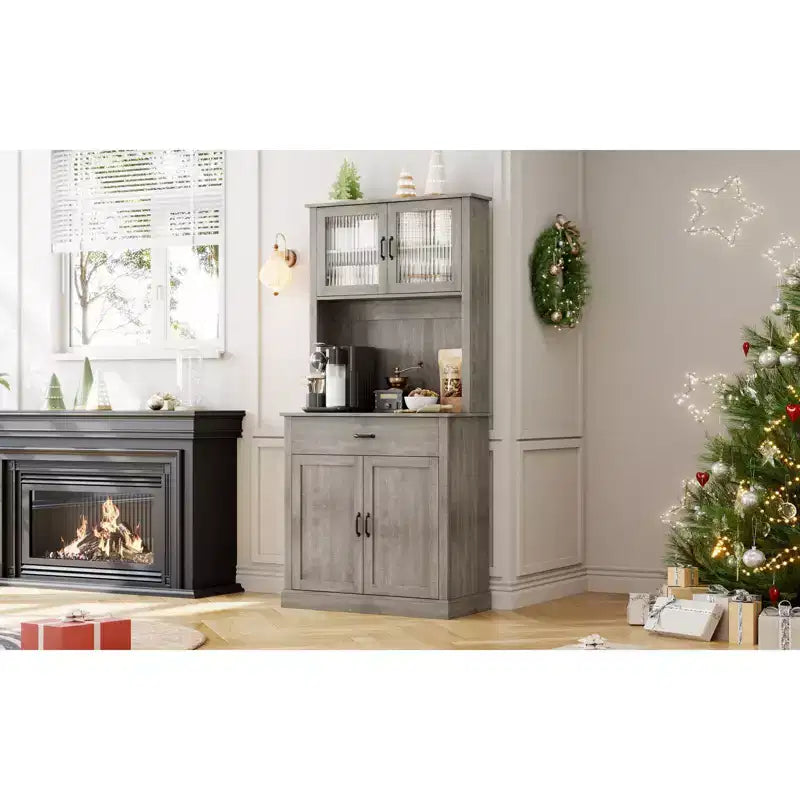 COZONY 70 Mobile Dispensa da Cucina Alto con Supporto per Microonde e Coffee Bar, Mobile Credenza Autoportante in Legno con 4 Ante e Ripiani Regolabili per Sala da Pranzo