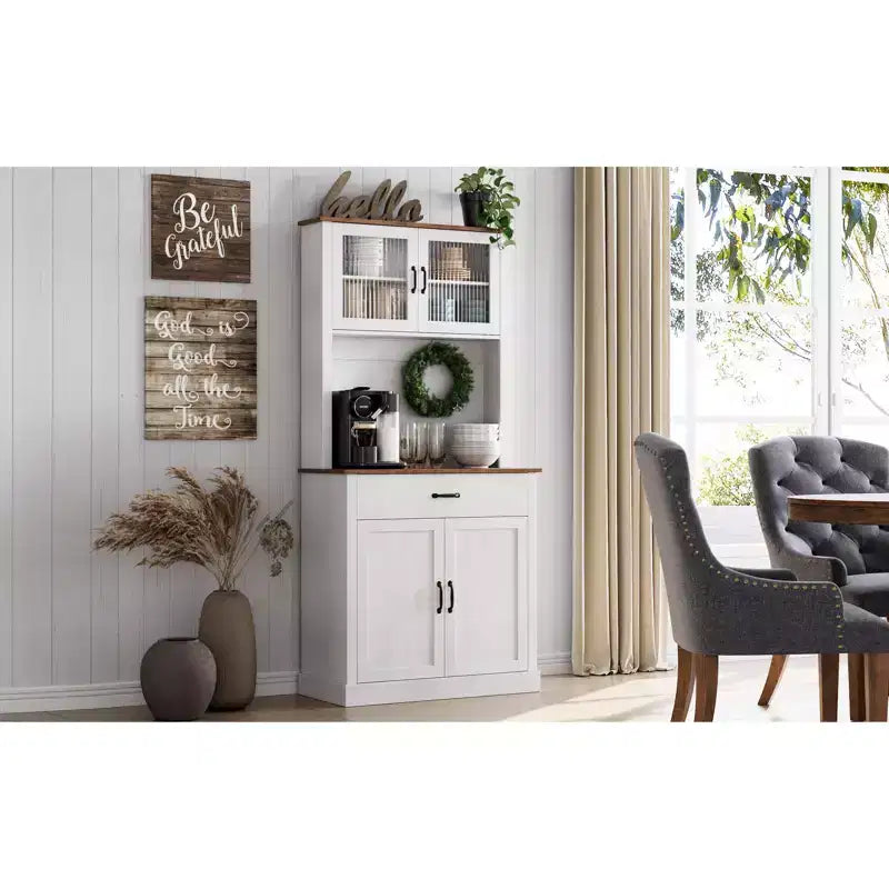 COZONY 70 Mobile Dispensa da Cucina Alto con Supporto per Microonde e Coffee Bar, Mobile Credenza Autoportante in Legno con 4 Ante e Ripiani Regolabili per Sala da Pranzo