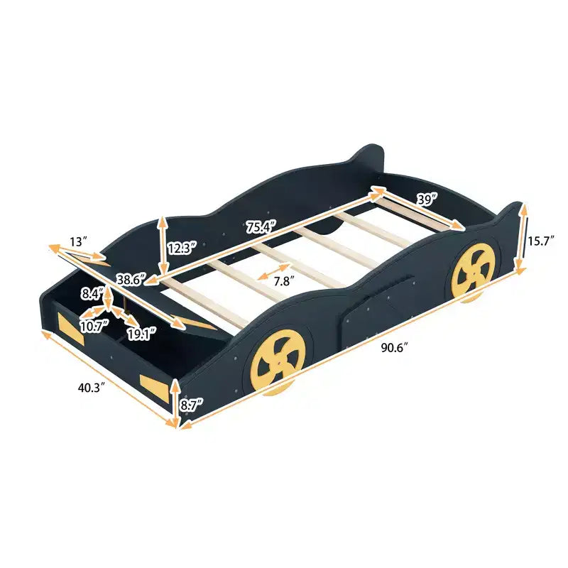 Bellemave Letto a piattaforma a forma di auto da corsa matrimoniale, Struttura letto a piattaforma in legno con ruote e contenitore, per ragazze ragazzi adolescenti, blu scuro