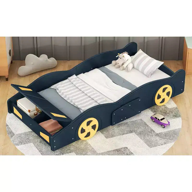 Bellemave Letto a piattaforma a forma di auto da corsa matrimoniale, Struttura letto a piattaforma in legno con ruote e contenitore, per ragazze ragazzi adolescenti, blu scuro