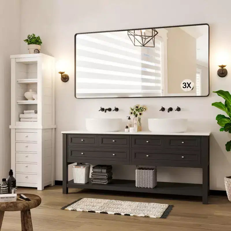 Specchio da bagno con cornice in metallo nero, 72 x 36 cm, rettangolare arrotondato, con specchio ingranditore 3x per lavabo (appendibile in orizzontale/verticale)