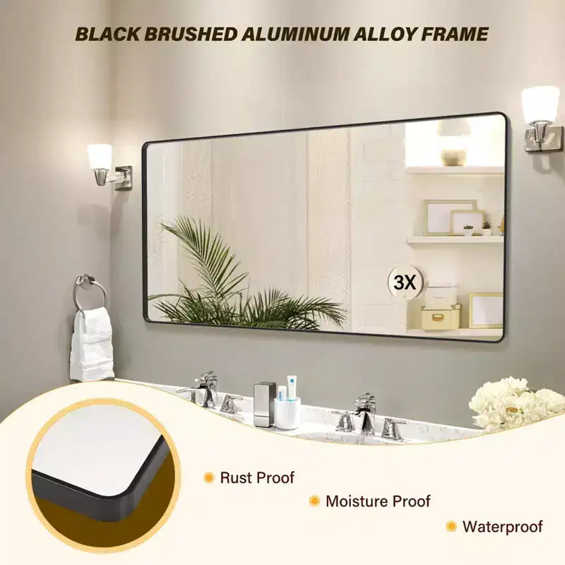 Specchio da bagno con cornice in metallo nero, 72 x 36 cm, rettangolare arrotondato, con specchio ingranditore 3x per lavabo (appendibile in orizzontale/verticale)
