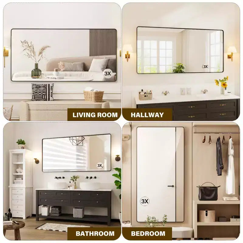 Specchio da bagno con cornice in metallo nero, 72 x 36 cm, rettangolare arrotondato, con specchio ingranditore 3x per lavabo (appendibile in orizzontale/verticale)