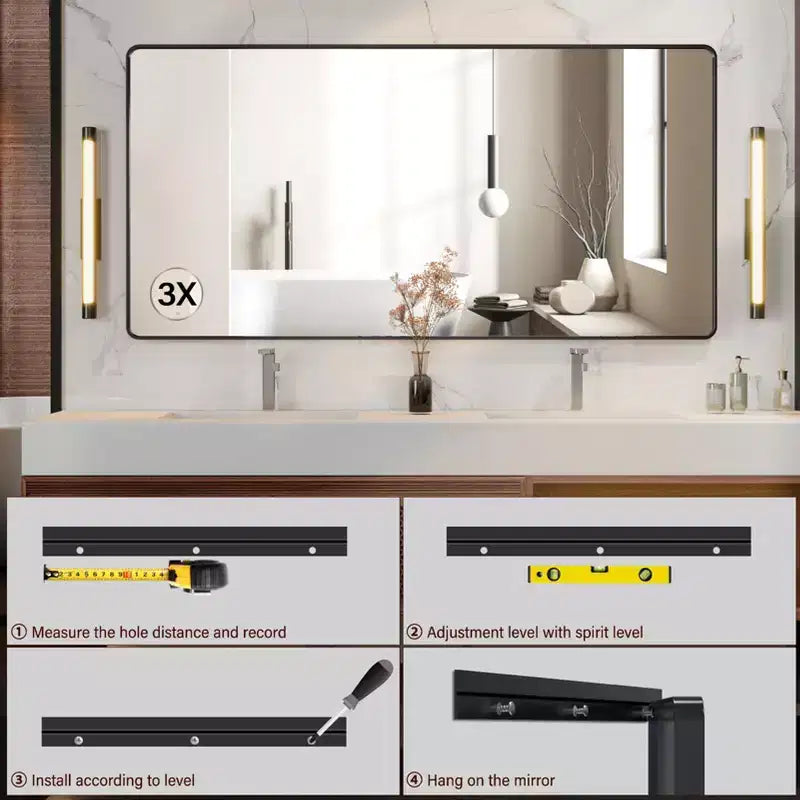 Specchio da bagno con cornice in metallo nero, 72 x 36 cm, rettangolare arrotondato, con specchio ingranditore 3x per lavabo (appendibile in orizzontale/verticale)