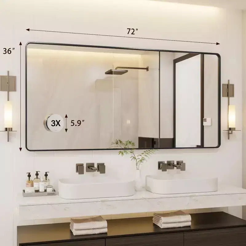 Specchio da bagno con cornice in metallo nero, 72 x 36 cm, rettangolare arrotondato, con specchio ingranditore 3x per lavabo (appendibile in orizzontale/verticale)