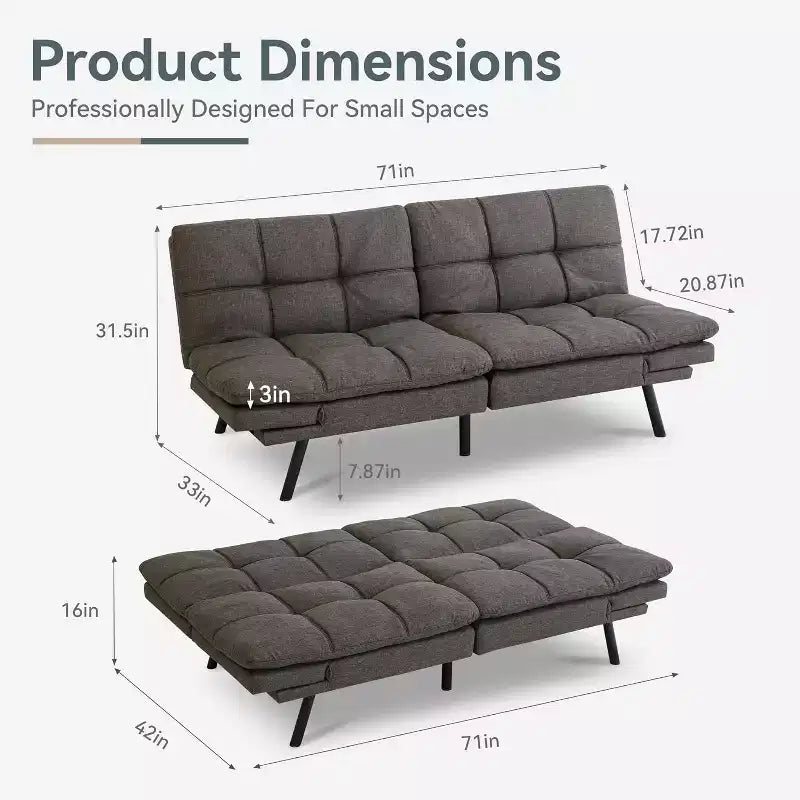 Dyonery 71 Divano Letto Convertibile in Memory Foam, Divanetto Moderno per Soggiorno, Braccioli e Schienale Regolabili, Tessuto in Lino - Grigio Chiaro