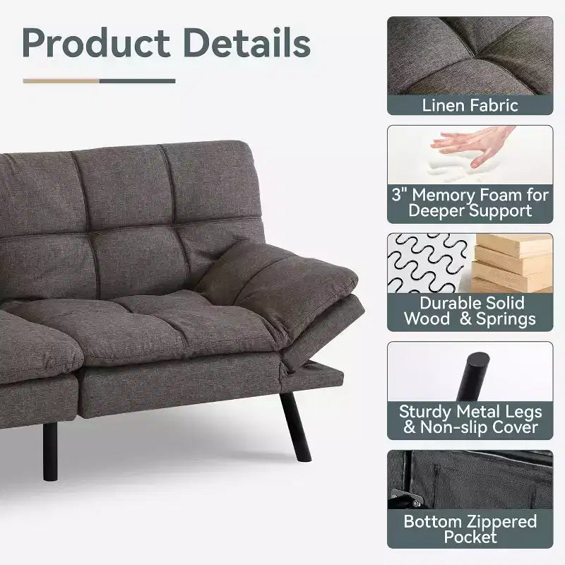 Dyonery 71 Divano Letto Convertibile in Memory Foam, Divanetto Moderno per Soggiorno, Braccioli e Schienale Regolabili, Tessuto in Lino - Grigio Chiaro
