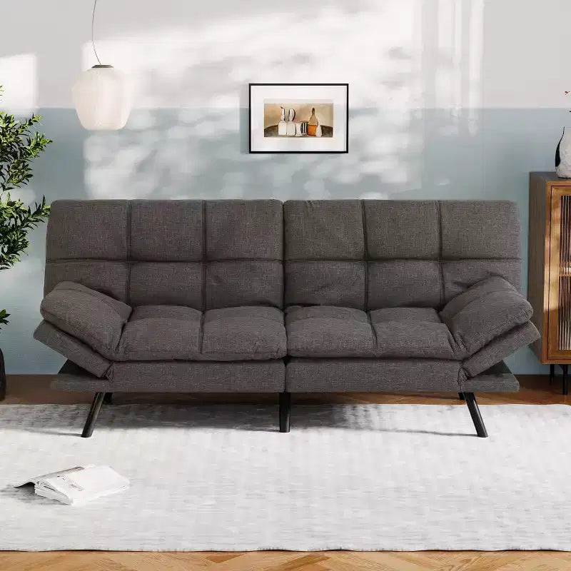 Dyonery 71 Divano Letto Convertibile in Memory Foam, Divanetto Moderno per Soggiorno, Braccioli e Schienale Regolabili, Tessuto in Lino - Grigio Chiaro