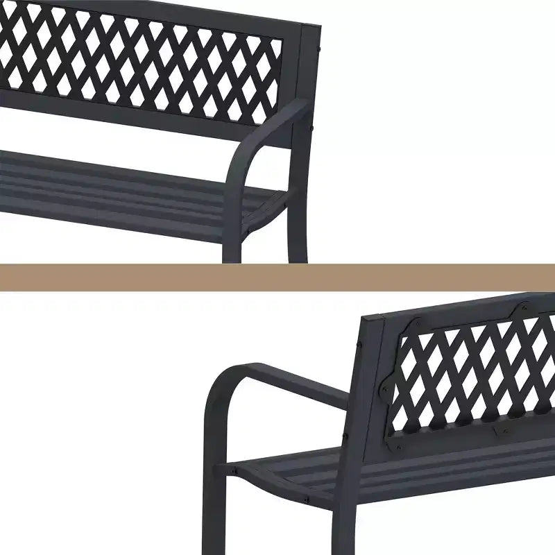 La panchina con struttura in ferro Dyonery è realizzata in metallo solido e presenta un design geometrico traforato, che la rende adatta per giardini, cortili e terrazze.
