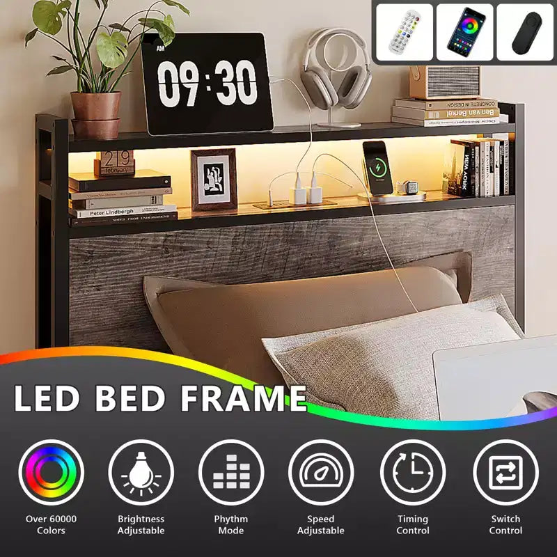 Piattaforma in Metallo VINGLI con 4 Cassetti Contenitore/Testiera/Luci LED/Stazione di Ricarica, Nessuna Rete a Molle Necessaria, Facile Montaggio, Grigio Lavato