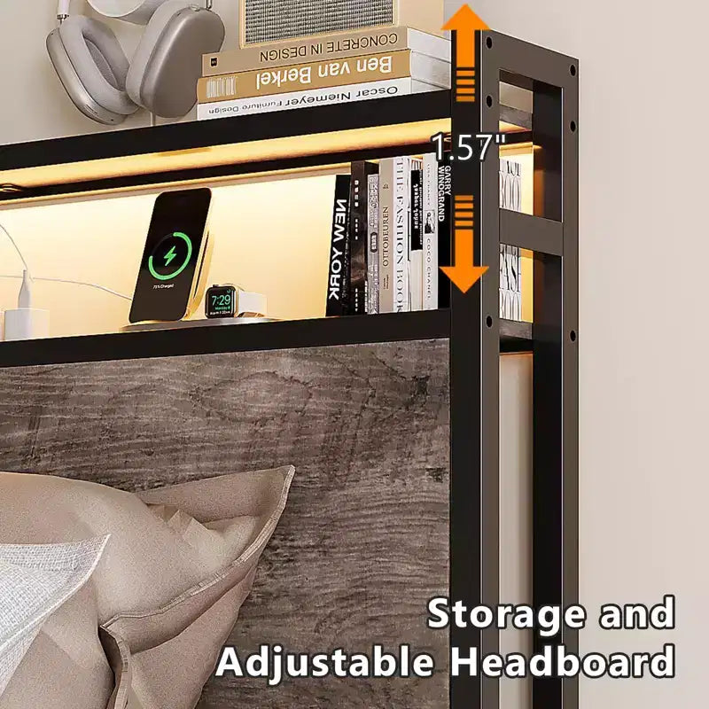 Piattaforma in Metallo VINGLI con 4 Cassetti Contenitore/Testiera/Luci LED/Stazione di Ricarica, Nessuna Rete a Molle Necessaria, Facile Montaggio, Grigio Lavato