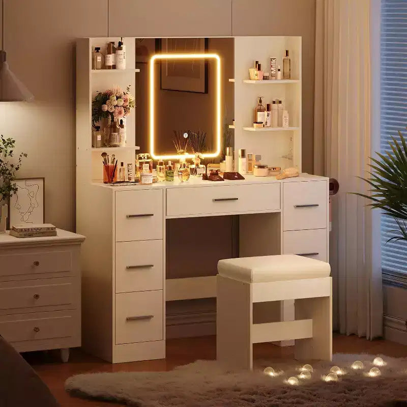 Toeletta con Specchio e Sgabello, Tavolo da Trucco con 7 Cassetti e 6 Ripiani, Scrivania per Camera da Letto e Spogliatoio