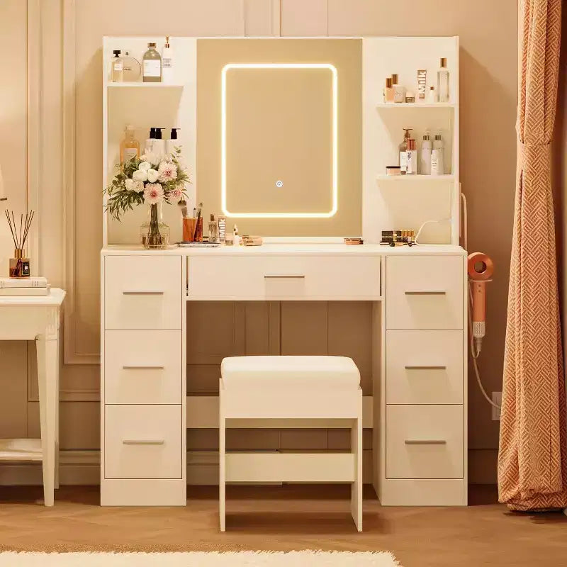 Toeletta con Specchio e Sgabello, Tavolo da Trucco con 7 Cassetti e 6 Ripiani, Scrivania per Camera da Letto e Spogliatoio