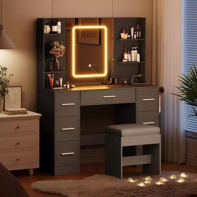 Toeletta con Specchio e Sgabello, Tavolo da Trucco con 7 Cassetti e 6 Ripiani, Scrivania per Camera da Letto e Spogliatoio