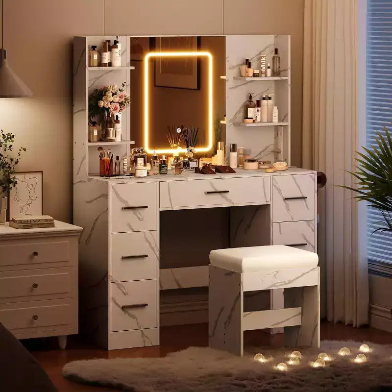 Toeletta con Specchio e Sgabello, Tavolo da Trucco con 7 Cassetti e 6 Ripiani, Scrivania per Camera da Letto e Spogliatoio