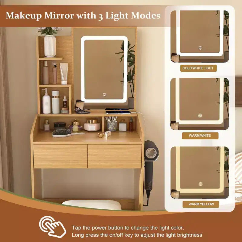Tocador Moderno Okak con Specchio e Luci LED Regolabili, Scrivania Trucco con Prese Elettriche e Sgabello, Tavolo Trucco per Piccole Camere da Letto
