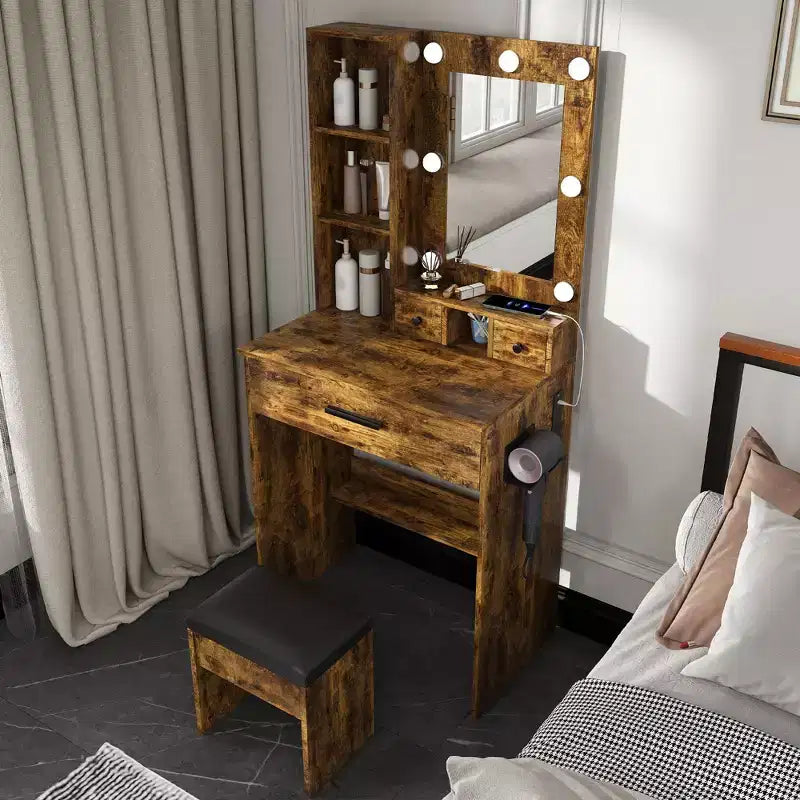 Tocador Moderno Okak con Specchio e Luci LED Regolabili, Scrivania Trucco con Prese Elettriche e Sgabello, Tavolo Trucco per Piccole Camere da Letto