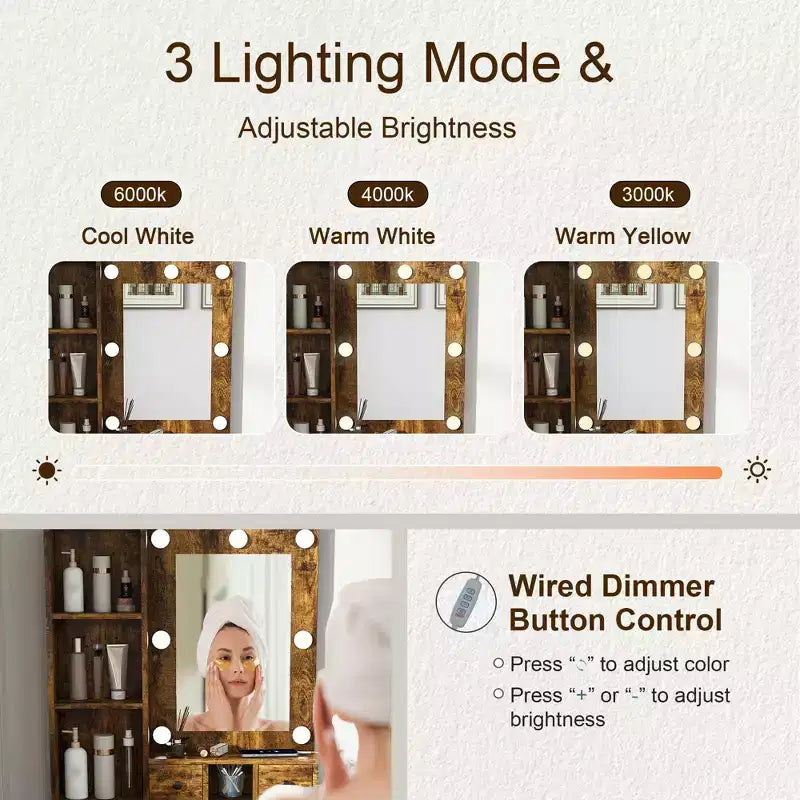 Tocador Moderno Okak con Specchio e Luci LED Regolabili, Scrivania Trucco con Prese Elettriche e Sgabello, Tavolo Trucco per Piccole Camere da Letto