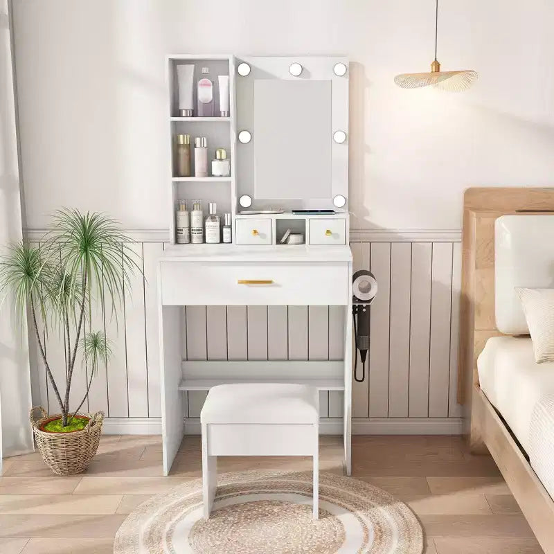 Tocador Moderno Okak con Specchio e Luci LED Regolabili, Scrivania Trucco con Prese Elettriche e Sgabello, Tavolo Trucco per Piccole Camere da Letto