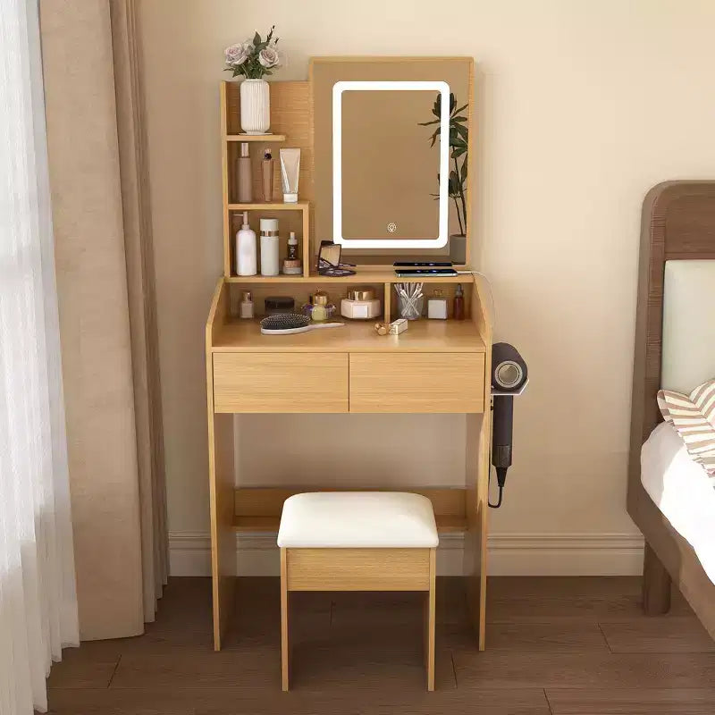 Tocador Moderno Okak con Specchio e Luci LED Regolabili, Scrivania Trucco con Prese Elettriche e Sgabello, Tavolo Trucco per Piccole Camere da Letto