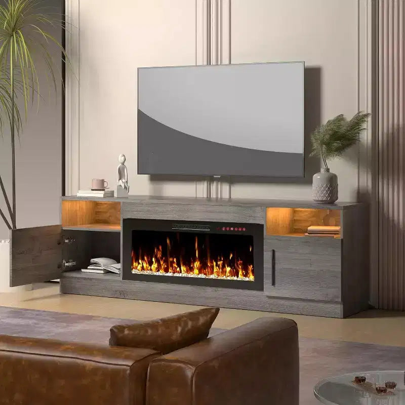 Mobile TV Moderno per Televisori Fino a 75'', Centro Intrattenimento in Legno da 70 con Spazio di Archiviazione, Compatibile con Camino Elettrico da 36 (Camino Non Incluso)
