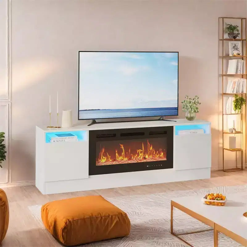 Mobile TV Moderno per Televisori Fino a 75'', Centro Intrattenimento in Legno da 70 con Spazio di Archiviazione, Compatibile con Camino Elettrico da 36 (Camino Non Incluso)