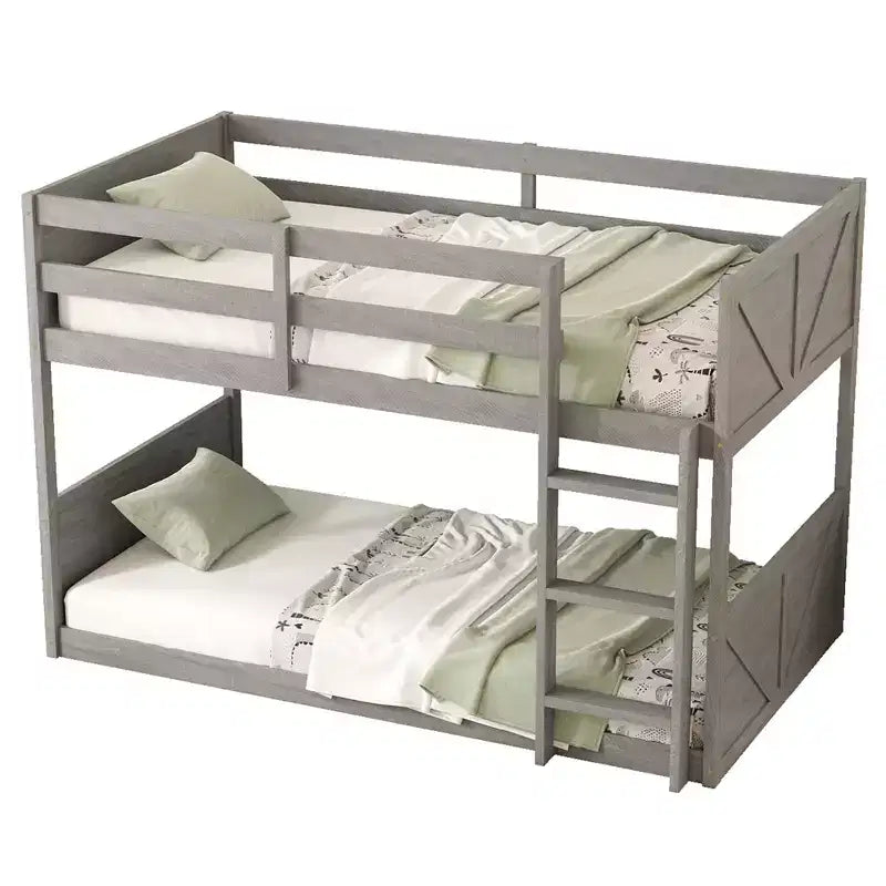 Okak Letto a Castello a Pavimento Twin over Twin con Struttura in Legno di Gomma, Letti a Castello per Bambini con Testiera e Pediera a Pannelli, Strutture Letto per Camera da Letto