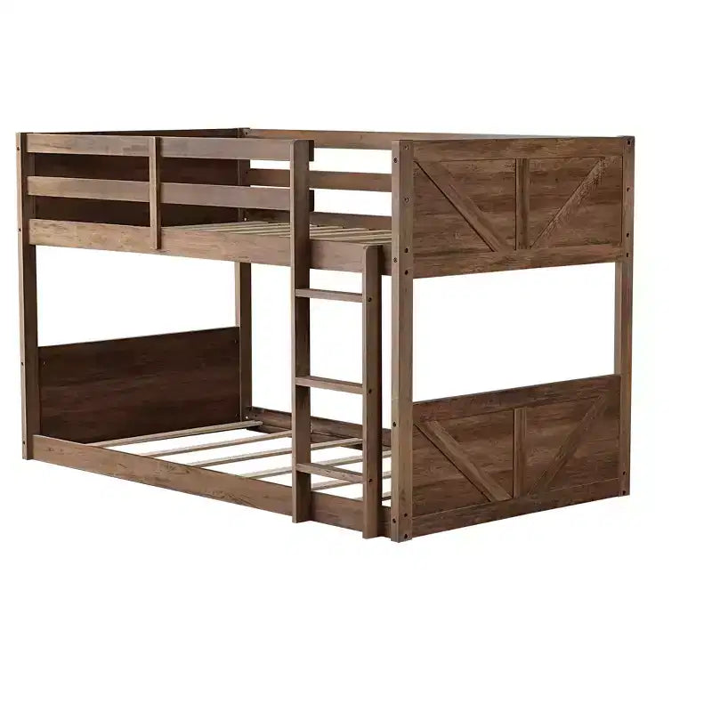 Okak Letto a Castello a Pavimento Twin over Twin con Struttura in Legno di Gomma, Letti a Castello per Bambini con Testiera e Pediera a Pannelli, Strutture Letto per Camera da Letto