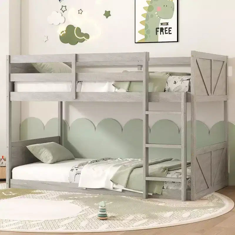 Okak Letto a Castello a Pavimento Twin over Twin con Struttura in Legno di Gomma, Letti a Castello per Bambini con Testiera e Pediera a Pannelli, Strutture Letto per Camera da Letto