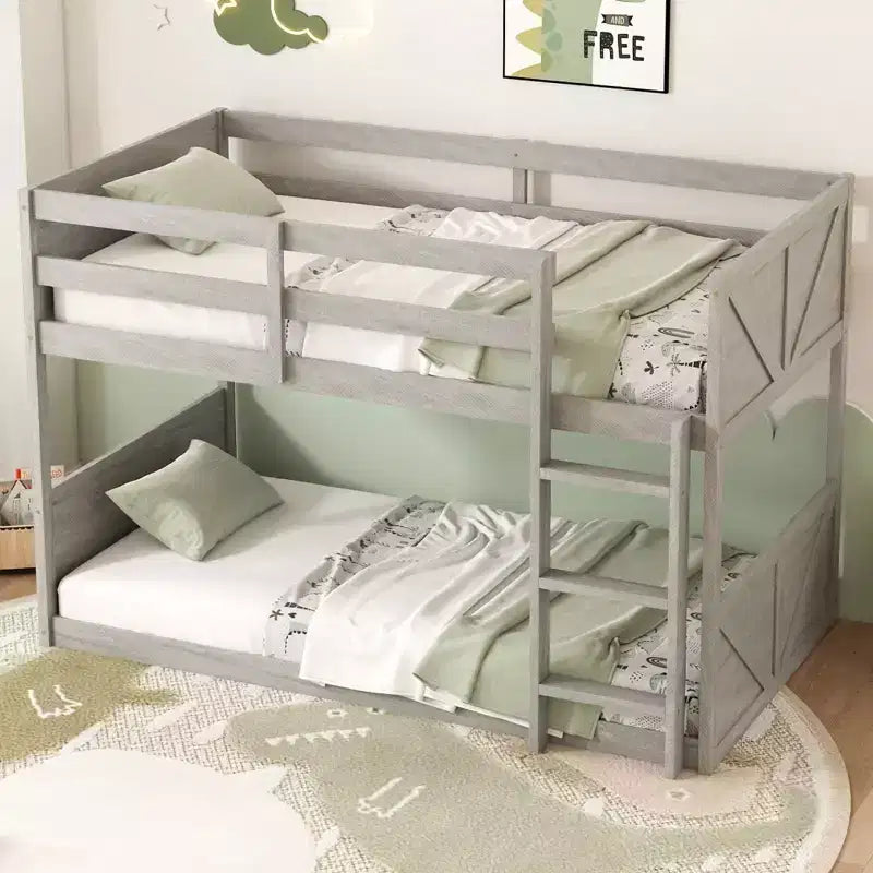 Okak Letto a Castello a Pavimento Twin over Twin con Struttura in Legno di Gomma, Letti a Castello per Bambini con Testiera e Pediera a Pannelli, Strutture Letto per Camera da Letto