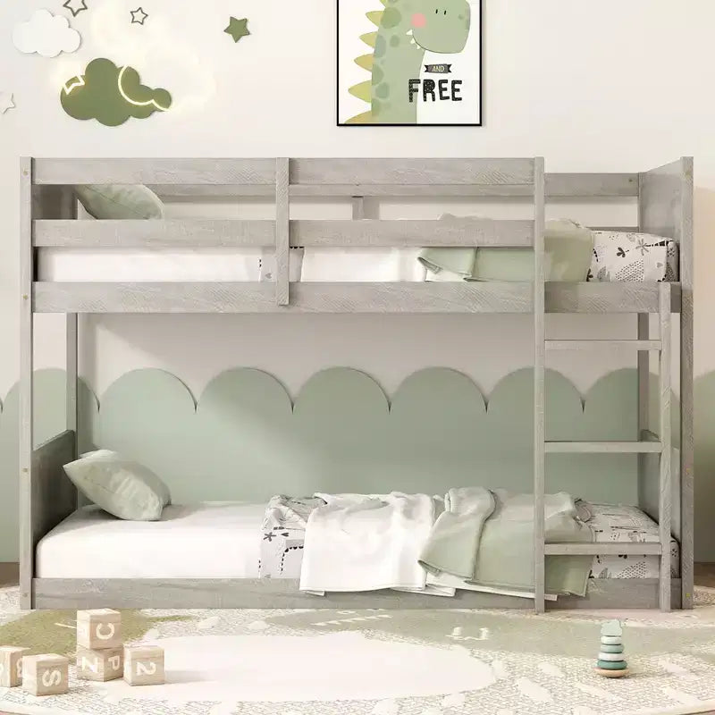 Okak Letto a Castello a Pavimento Twin over Twin con Struttura in Legno di Gomma, Letti a Castello per Bambini con Testiera e Pediera a Pannelli, Strutture Letto per Camera da Letto