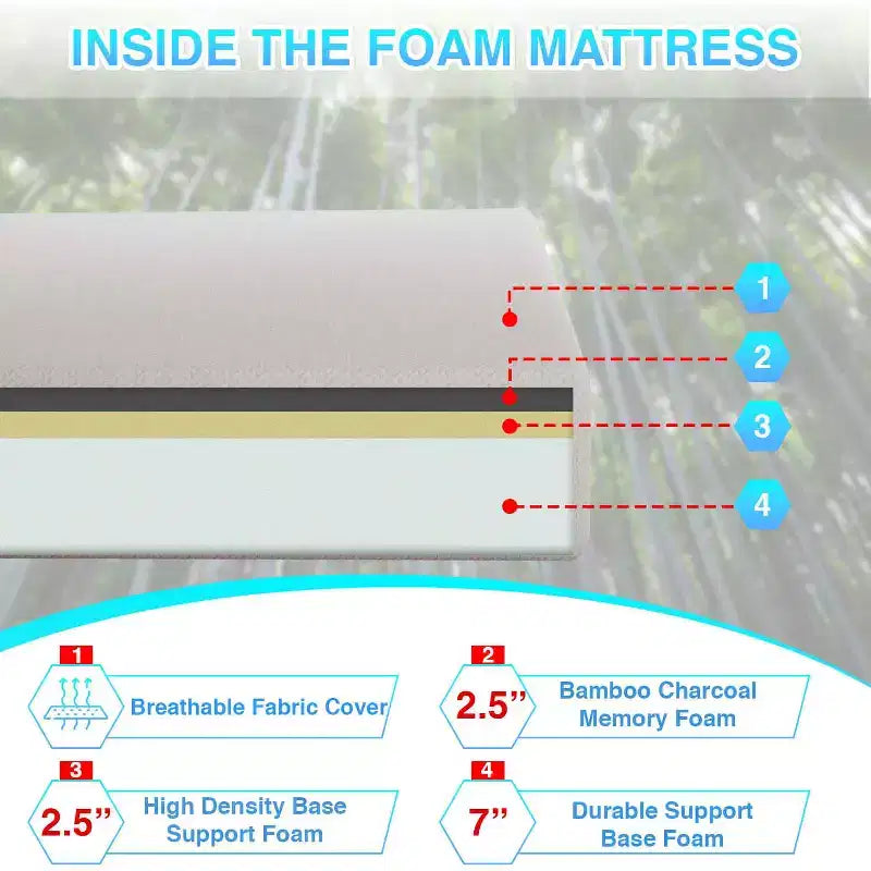 Materasso in memory foam BestMassage 12 pollici in carbone di bambù, rigidità media, certificato CertiPUR-US