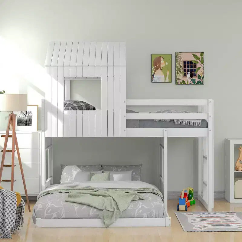 Letto a castello in legno con tetto, doppio su piazza e struttura a casetta per bambini